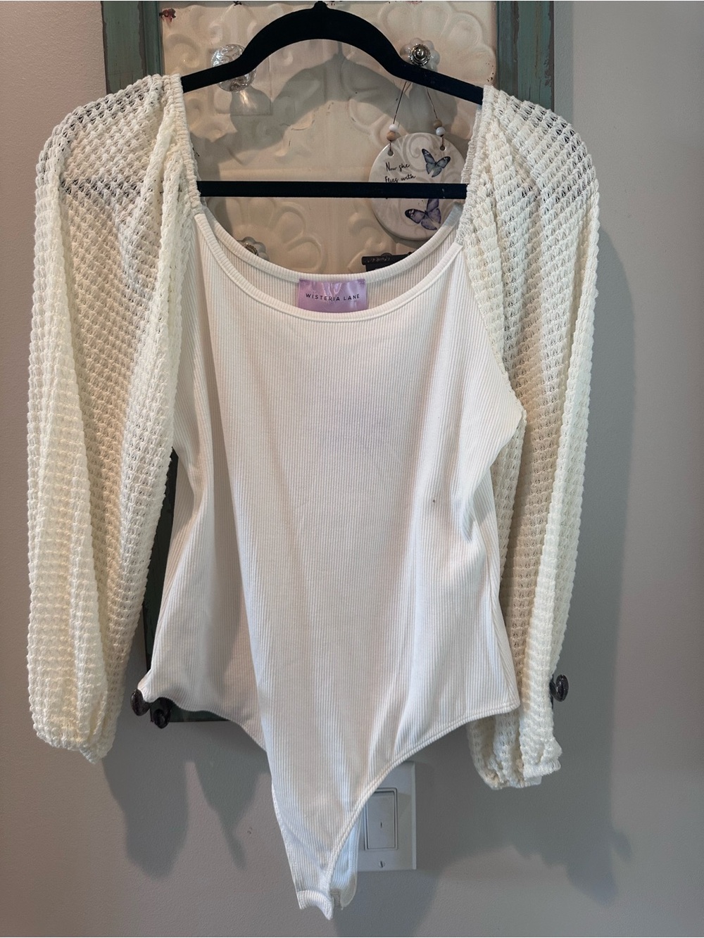 White Ribbed Long-Sleeve Knit-Slee Bodysuit